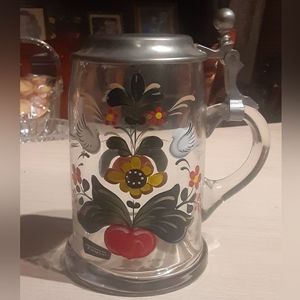 Vintage German Crystal Stein w/ ROSEMALING FOLK ART